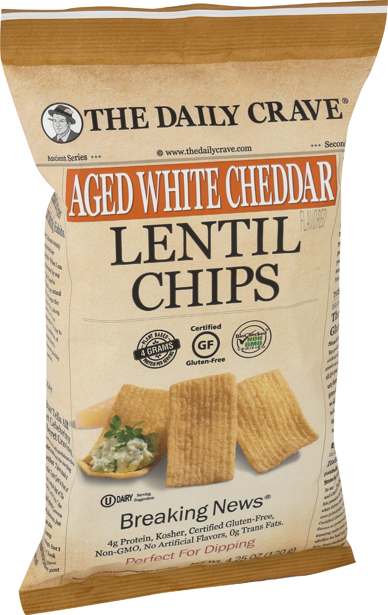 Pack of 8, The Daily Crave Aged White Cheddar Lentil Chips, 4.25 oz