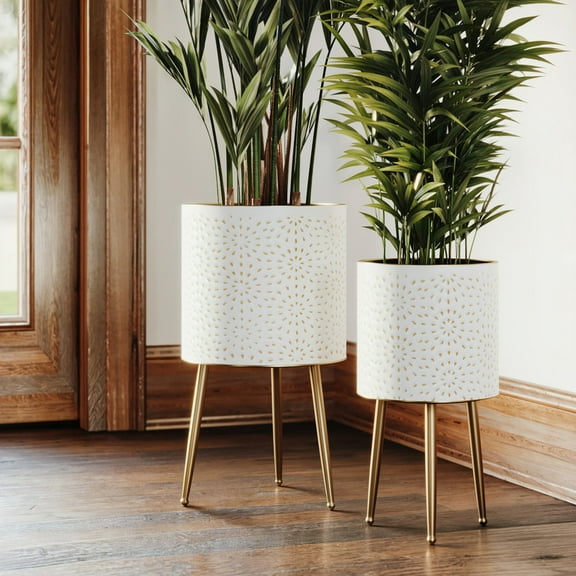 2-Piece Boho Metal Planter Pot With 3-Leg Gold Metal Base - White & Gold - 20"H x 10.5"W / 15.75"H x 8.5"W