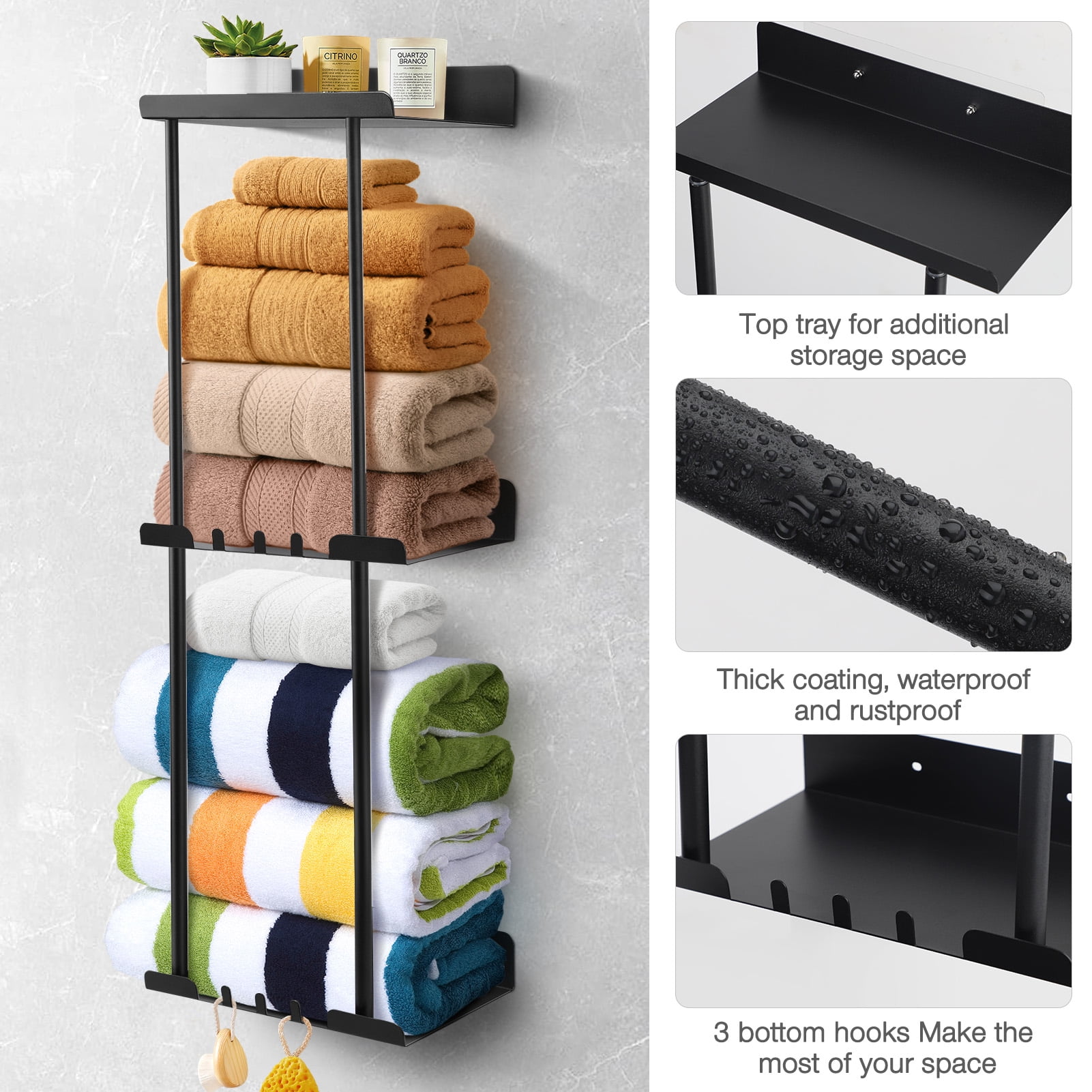 Livhil Towel Racks for Bathroom, Vertical Wall Towel Rack for Rolled Towels Metal Bath Towel Holder for Folded Large Towel Washcloths, 3 Tier