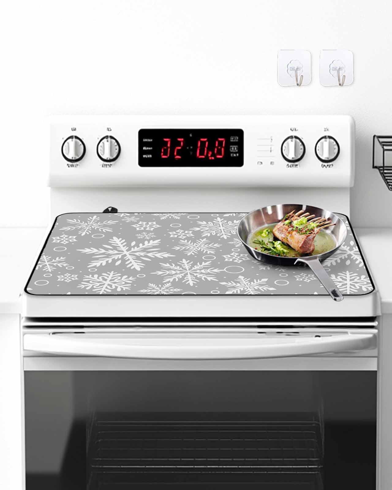 Stove Top Covers for Electric Stove, Grey Christmas Kitchen Glass Ceramic Electric Cooktop Covers 24"x21", Xmas Snowflake White HeatResistant Oven/Countertop/Dishwasher/Sink Protector