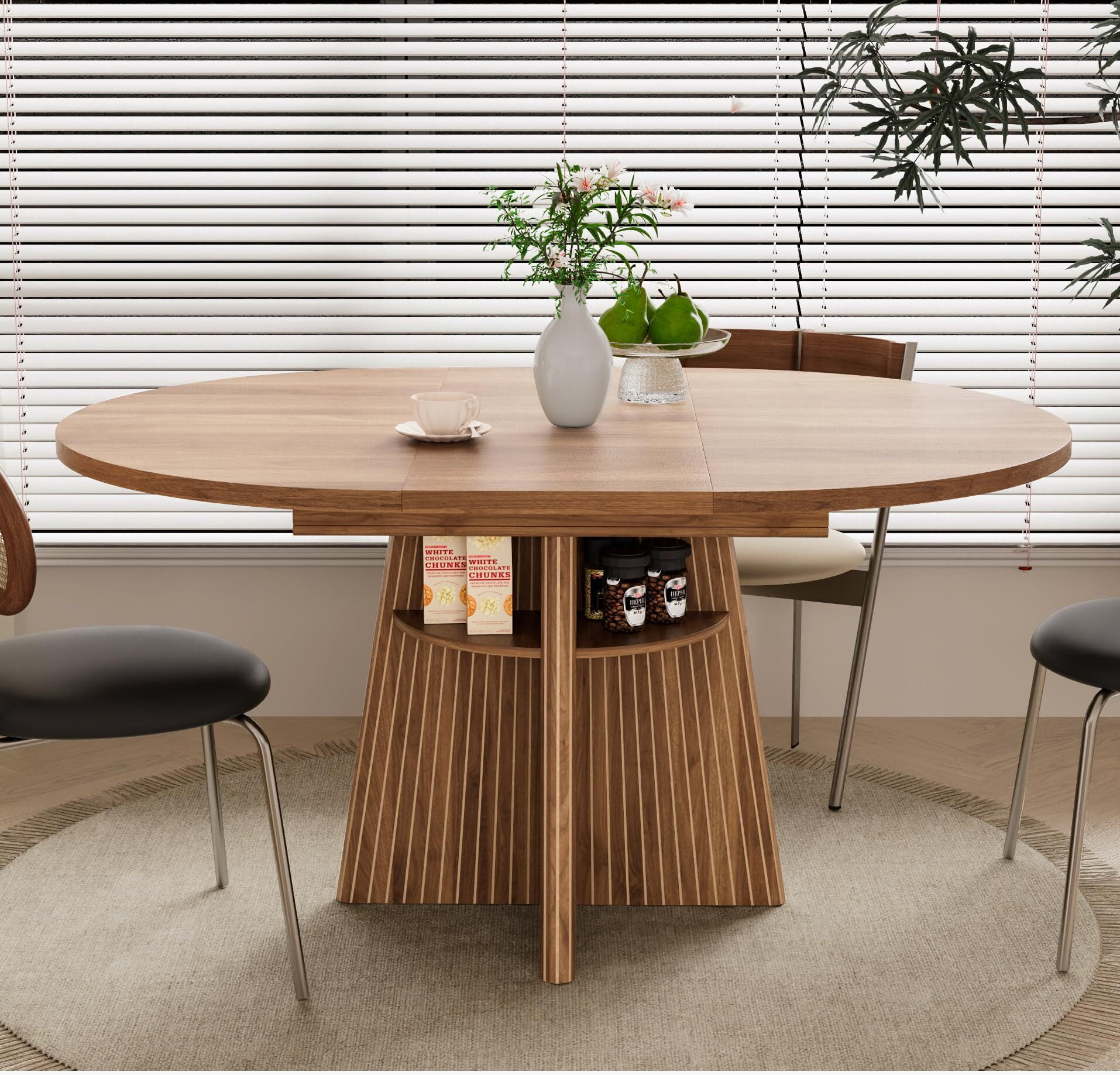 43.3–59" Extendable Dining Table for 4–8, Round Kitchen Table with Fluted Base & 4 Storage Shelves for Living Room, Walnut