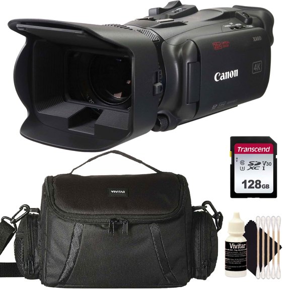 Canon XA60B Professional UHD 4K Camcorder PAL + Transcend 128GB SDXC UHS -I U3 300s V30 Class 10 95MB/s Memory Card + Full Size Gadget Camera Bag + Vivitar Three Piece Cleaning Kit