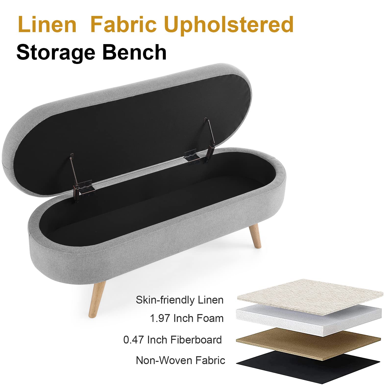 Aukfa Linen Upholstered Bench with Storage for Bedroom Living Room - Gray