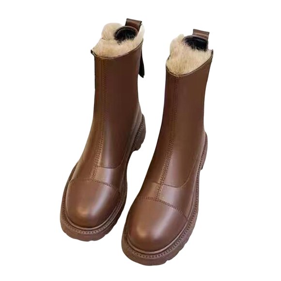 XIMIN Women's Chelsea Boots with Thick Sole - Slip-On Fur Lined Winter Warm Fleece-Lined Boots Lug Sole Combat Mid Calf Slip On Chunky Ankle Booties Casual Style
