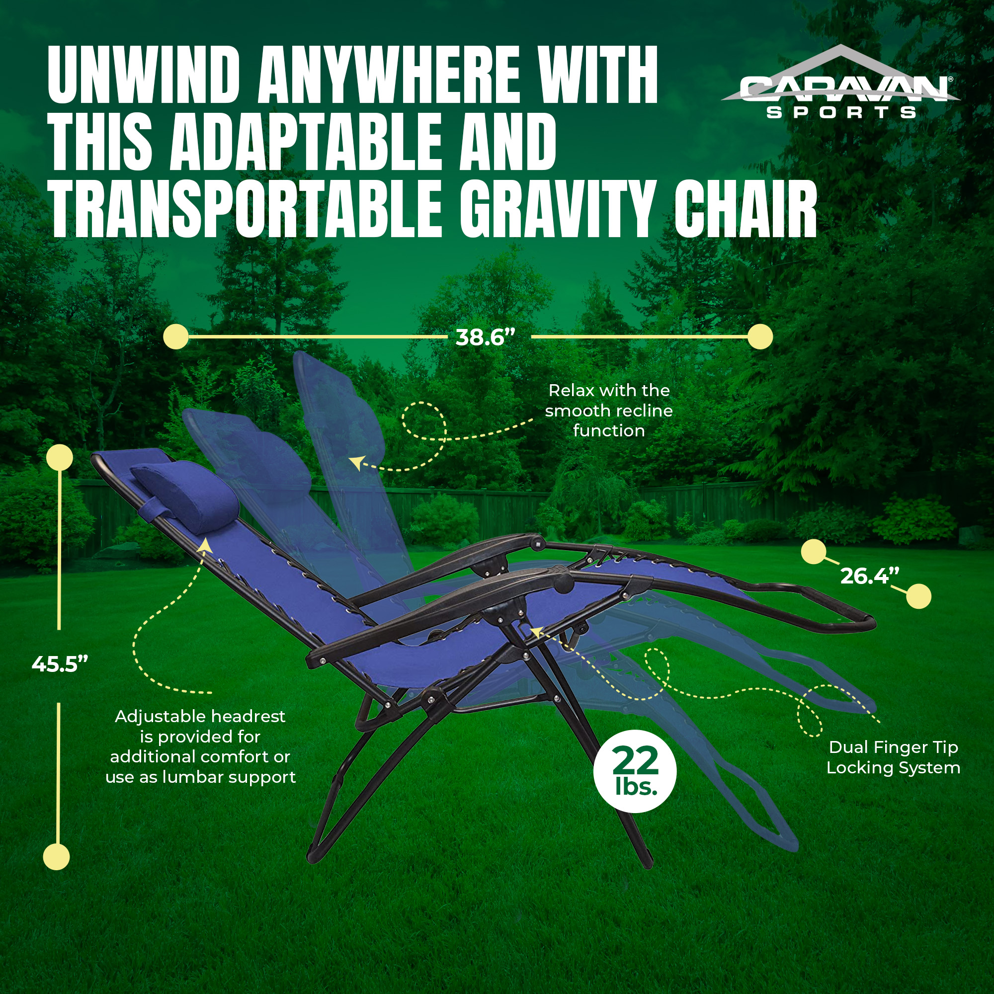 Caravan Sports Zero Gravity Outdoor Folding Patio Lounge Chair, Blue - image 3 of 10