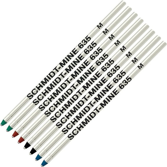 Schmidt 635 D1 Mine Ballpoint Refill - Black, Blue, Green, Red Ink (Medium Tip 0.7mm) - Pack of 8