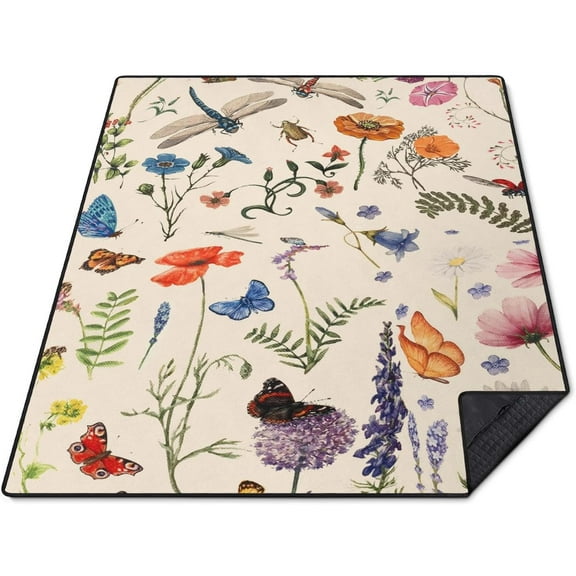 Picnic Blankets Waterproof Foldable Extra Large,80"x 60" Outdoor Beach Blanket Sandproof,3-Layer Lightweight Handy Mat Tote Picnic Camping Rugs for Outside Your Rv(Vintage Butterfly Flowers)
