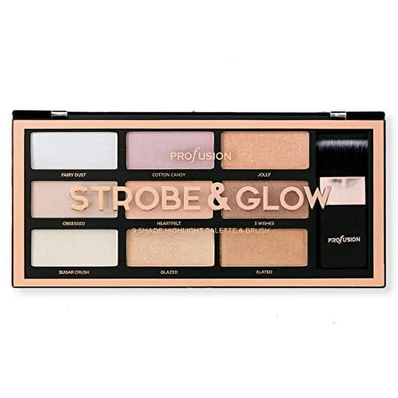 Profusion Cosmetics Strobe & Glow The Artistry Palette, 9 Shade Highlighter with Brush, Long-Wearing Buildable Glow with Smooth Blending, 1.27oz