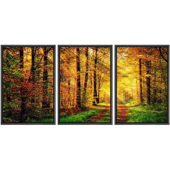 wall26 Framed Canvas Print Wall Art Set Vibrant Autumn Fall Sunlight Forest Nature Wilderness Photography Realism Rustic Landscape Colorful Cool for Living Room, Bedroom, Office - 16"x24"x3
