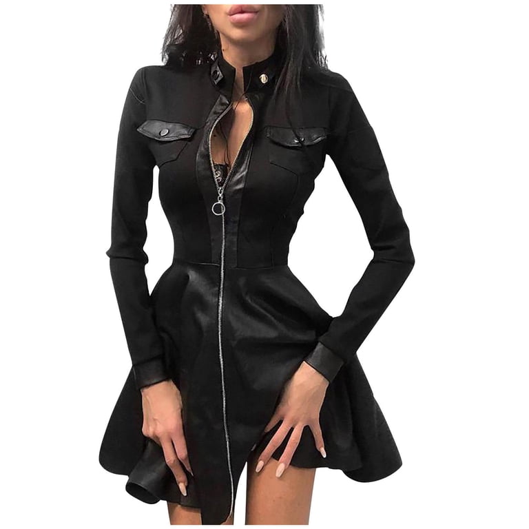 long sleeve fitted leather dress black long sleeve leather dress Faux Leather Shirt Dress Black / XS