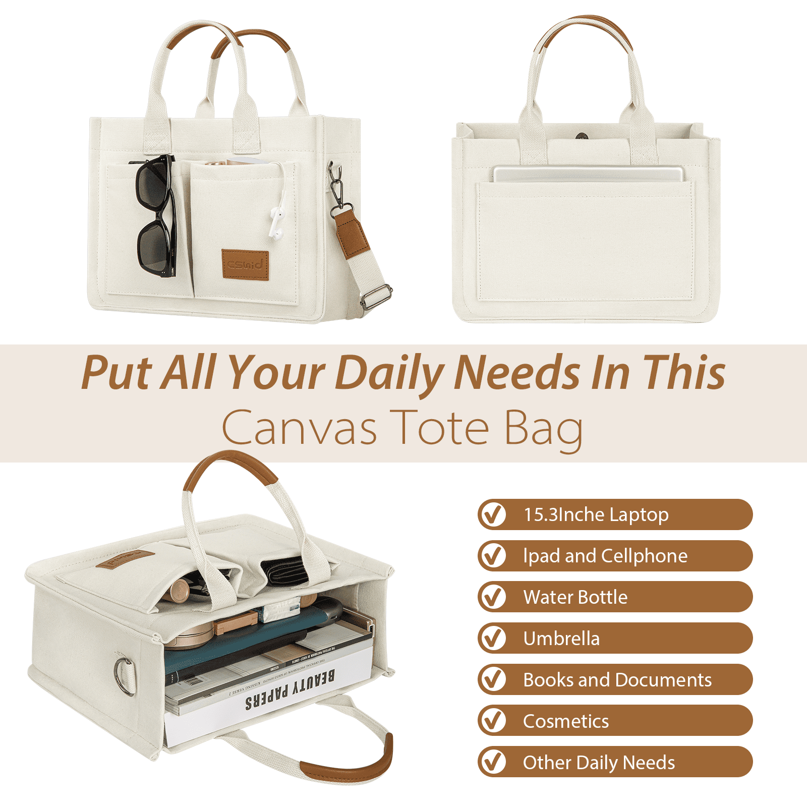 Canvas Tote Bag with Multi-Pocket for Women, Large Crossbody Shoulder Handbag Everything Tote Bag with Compartments, Laptop Work Bags Shoulder Travel Messenger Gym Totes, White
