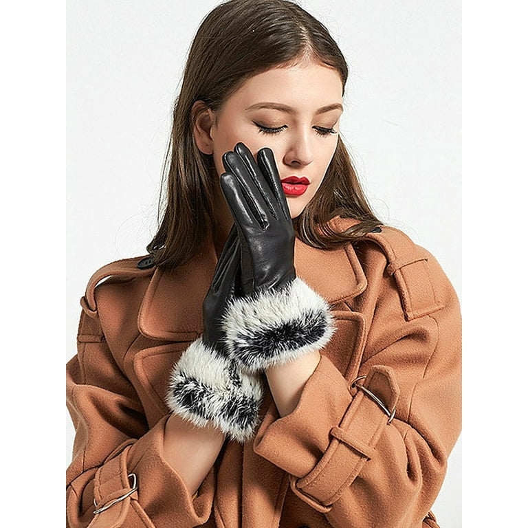 Ladies leather gloves on sale with fur trim