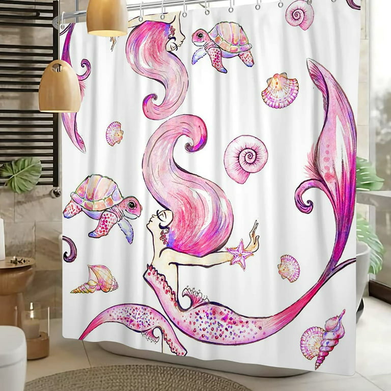 Mermaid Shower Curtain for Bathroom Ocean Theme Glitter Fish Scale Coral  Girls Turtle Shell Bath Fabric Curtains Cloth with Hooks 72x84 inches 
