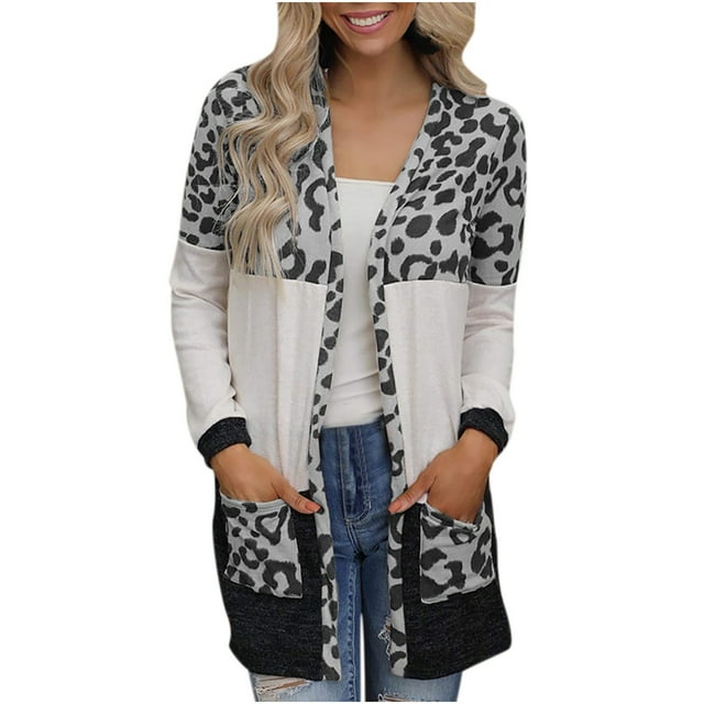 Lightweight Cardigan Women's Leopard Print Stitching Knit Jacket Cardigan Mid-Length Top Blouse on Clearance