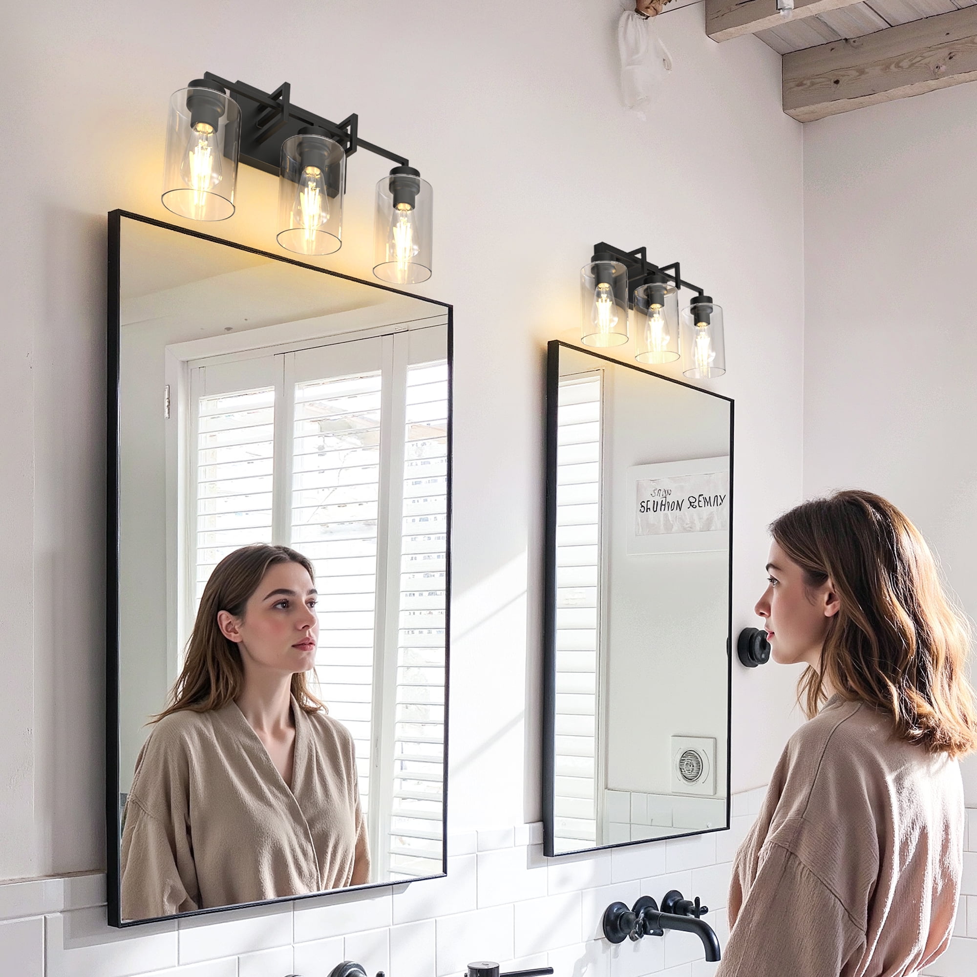 YANSUN 17.71 in 3-Light Black Farmhouse Bathroom Vanity Light with Glass Shades, Vanity Lights for Living Room Bedroom Hallway, E26 Bulb Base