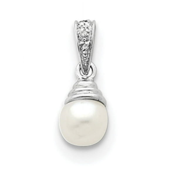 925 Sterling Silver Rhodium 6mm FW Cultured Pearl & Diamond (6x15mm) Pendant / Charm