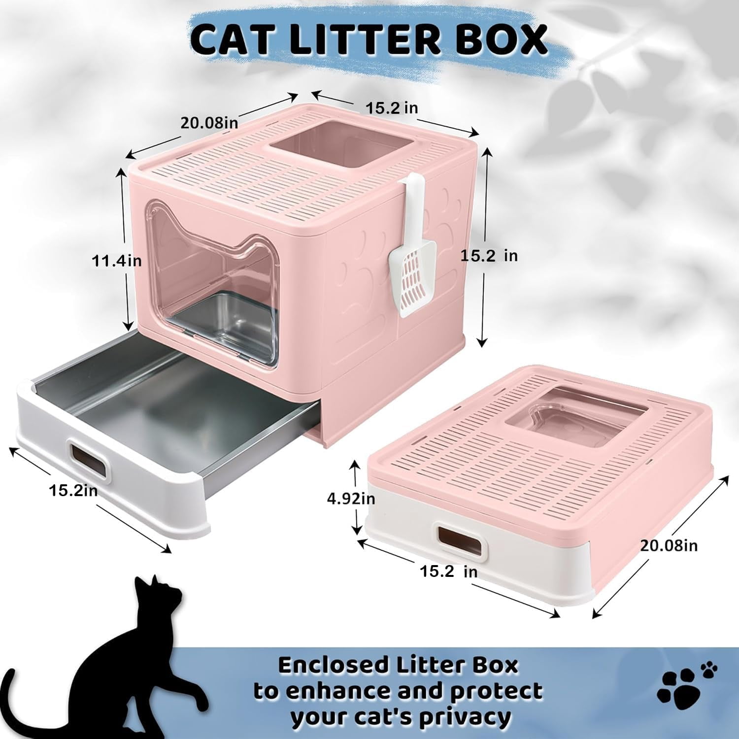 Enclosed Cat Litter Box with Lid Top Exit Covered Metal Stainless Steel Litter Box Leak Proof & Odorless Easy to Clean Including Cat Litter Scoop and Cat Litter Mat
