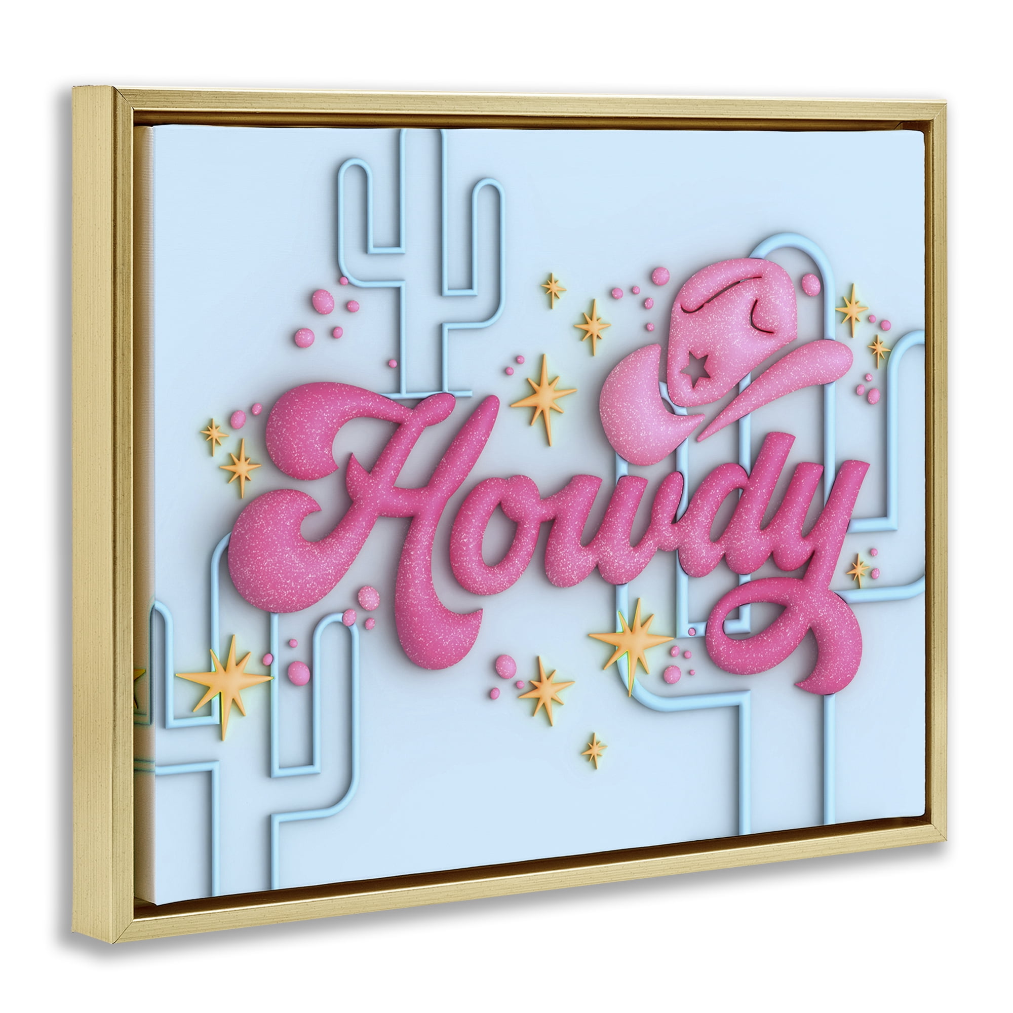 Stupell Industries Retro Howdy & Cactus Entertainment Painting Gold Floater Framed Canvas Art Print Wall Art, 31 x 25
