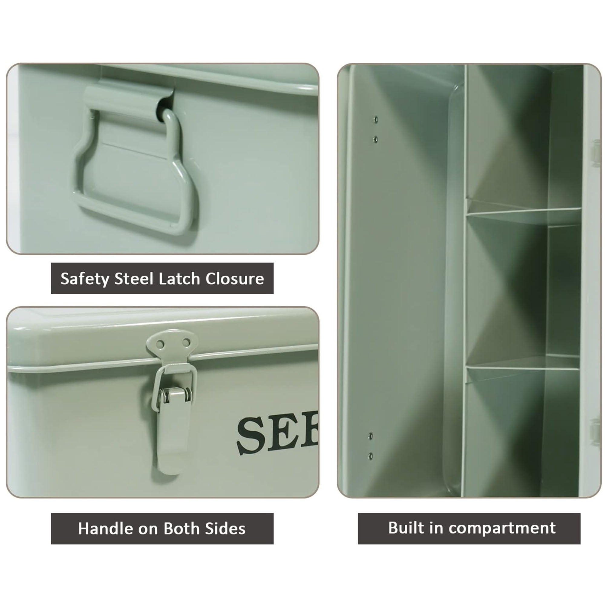 Pethiy Moisture-Proof Seed Storage Box, 4-Compartment Metal Organizer with Safety Lock, Lightweight Airtight Container for Garden Seed Packets & Envelopes - Green