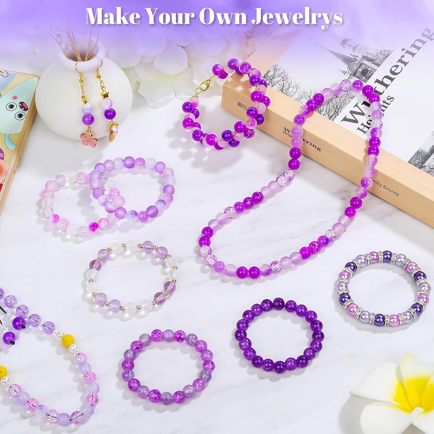 720pcs Glass Beads for Jewelry Making 8mm, 24 Colors Bead Bracelet Making Kit Purple Round Loose Beads for Bracelet Earring Necklace Jewelry Making Supplies