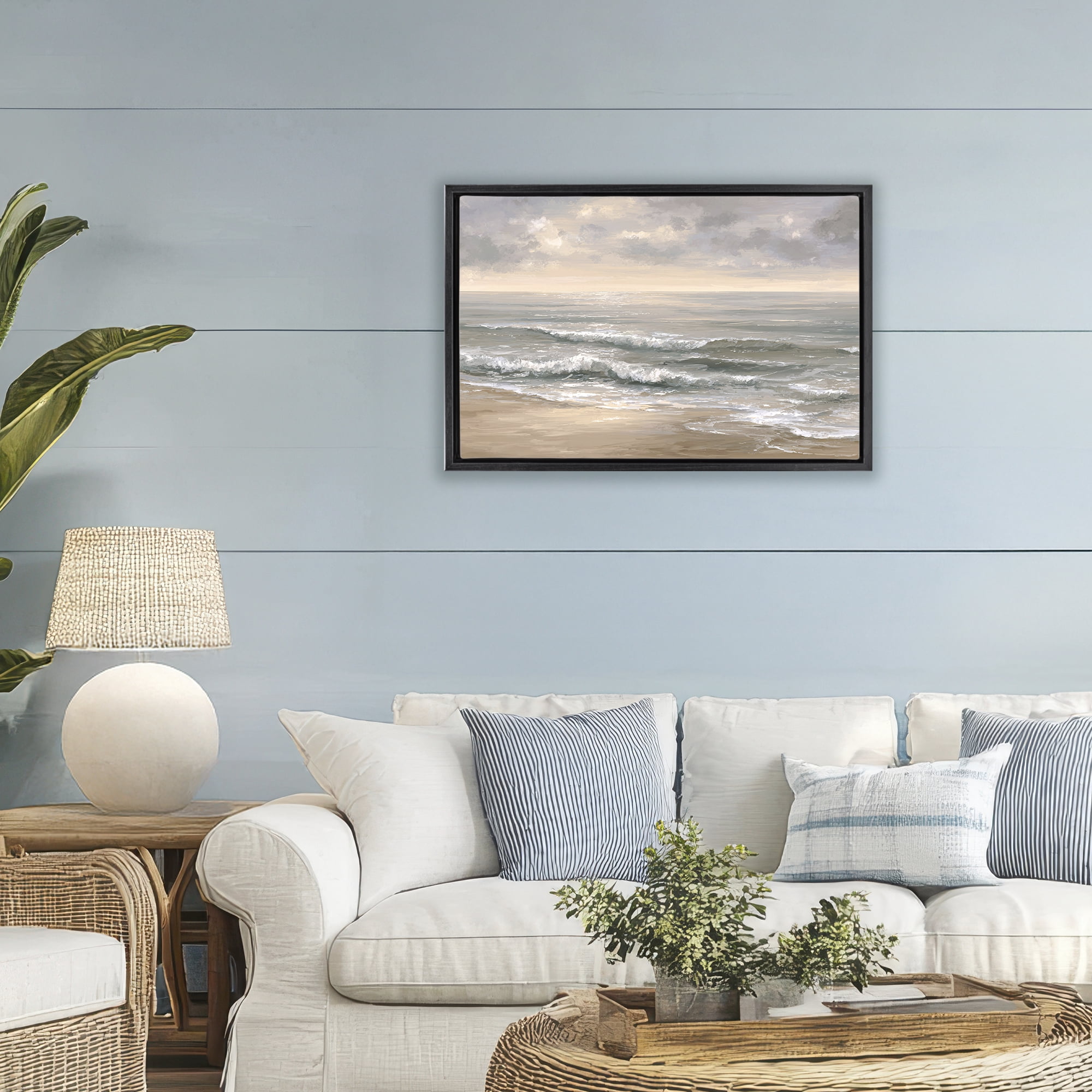 Stupell Industries Soft Rolling Beach Waves Black Framed Floater Canvas Wall Art, design by Jacky Ngan