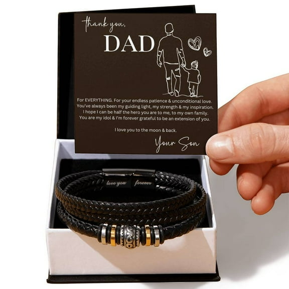 Thank You Dad Bracelet, Fathers Day Gift, I Love You Forever Bracelet, Personalized Jewelry For Dad From Son with Message Card and Gift Box, Leather Bracelet for Men