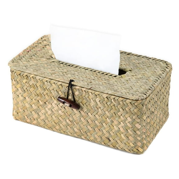 Tissue Box Cover Natural Seagrass Tissue Box, Rectangular Tissue Box Holder with Lid, Farmhouse Style Tissue Cover for Bathroom Toilet Living Room Bedroom Kitchen Table Desk Office Car