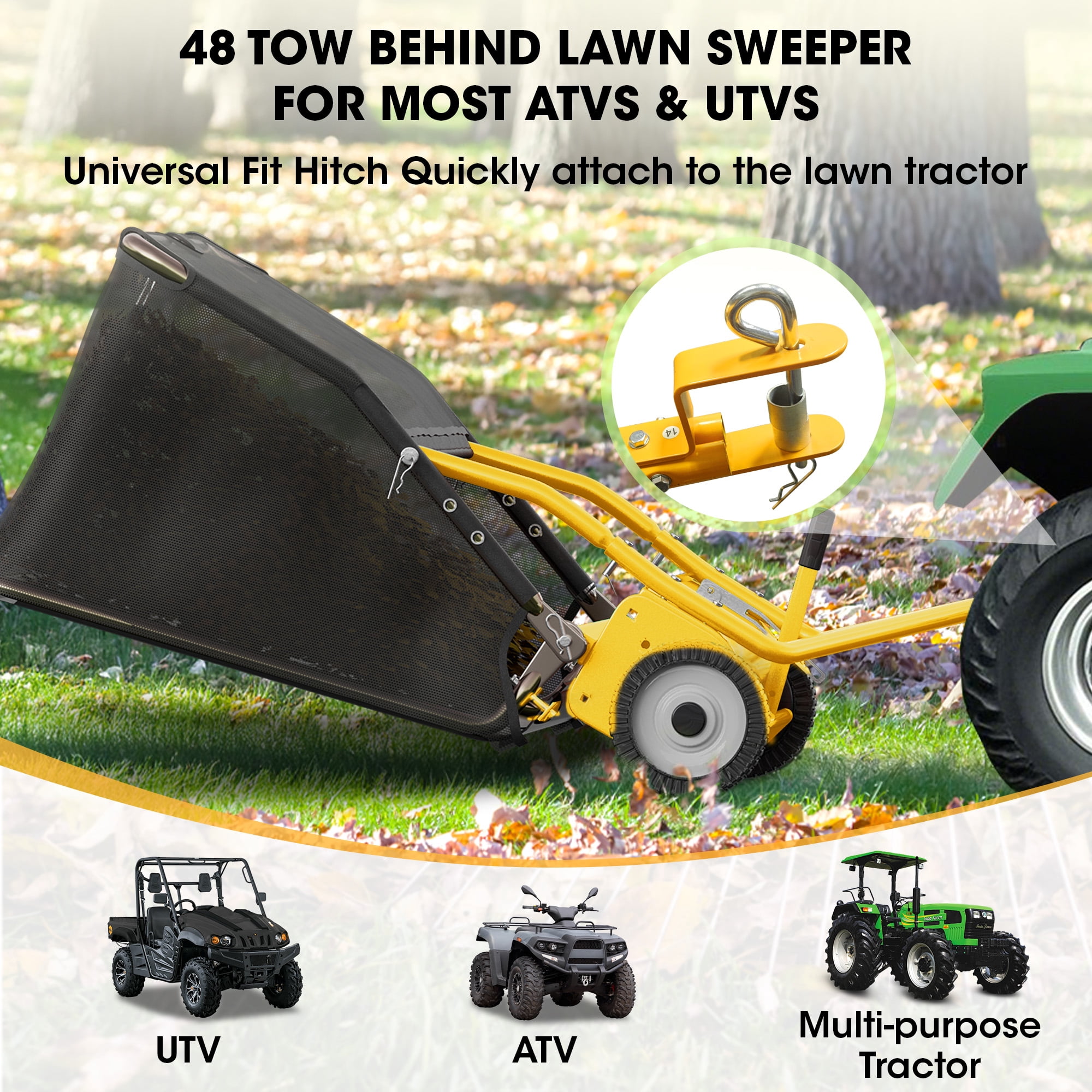 48" Tow-Behind Lawn Sweeper, Pull Behind Grass and Leaf Collector with 25.16 Cu. ft Hopper, Adjustable Brush Height Lever & Dumping Rope for Lawn and Yard Cleanup,Yellow