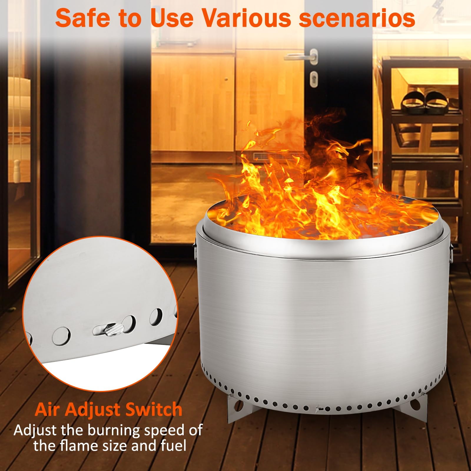 Towallmark Fire Pits for Garden, 35.4 Inch Smokeless Fire Pit, 304 Stainless Steel Wood Burning Fireplaces with Removable Ash Pan & Stand, Portable Safe Burning Firepit