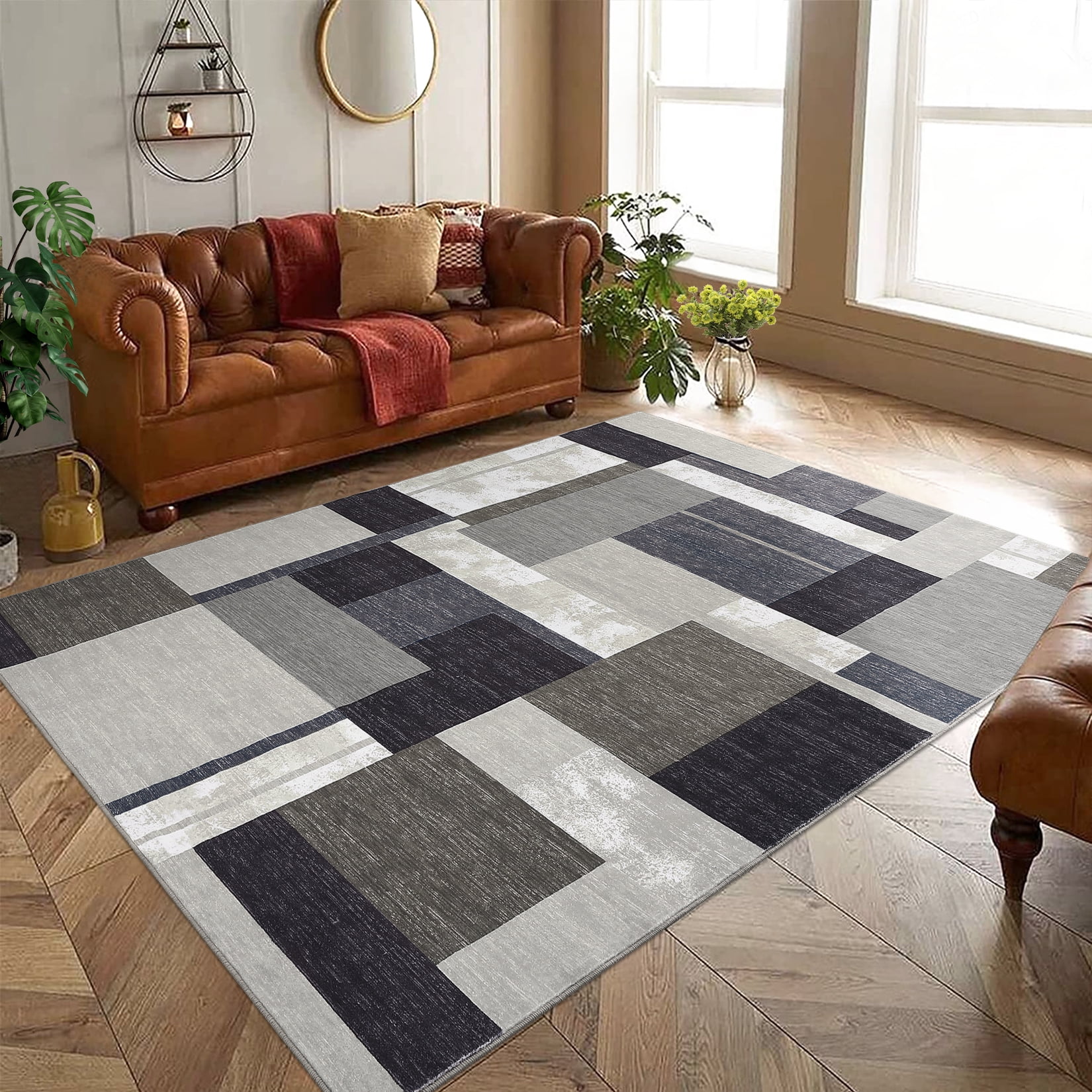 Hasoo Washable Rug 8' x 10' Geometric Area Rug Modern Area Rug for Bedroom Indoor Contemporary Patchwork Print Anti-Slip Accent Rug, Brown