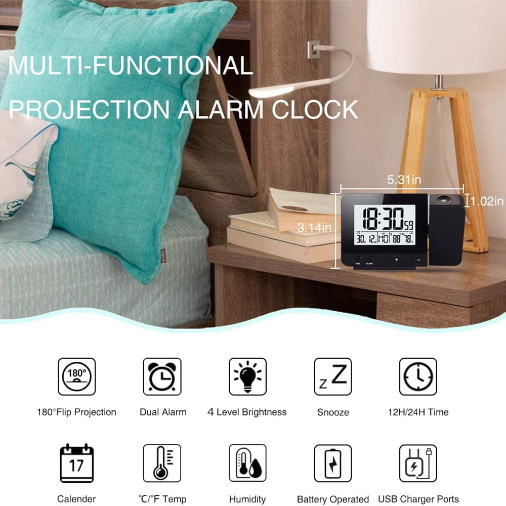 Clock Projection Alarm Clock For Bedroom With Thermometer Hygrometer Digital Project Ceiling Clock Dimmable LED Display With USB Charger 180Rotable With Dual Alarms 12/24H Snooze