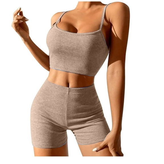 Women Two Piece Outfits Sets Summer Linen Pant Suits for Women Clothing Set Female Round Neck Sleeveless Tops Pants Sets Long Pant Style S_320 Women's Tracksuits Khaki M