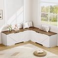 thumbnail image 4 of HOOBRO L-Shaped Farmhouse Storage Bench, Toy Organizer with 3 Compartments, Wooden Corner Storage Cabinet, Holds 220 lb for Entryway, Living Room, Nursery, Kids Room, White and Walnut WH160CW01, 4 of 10