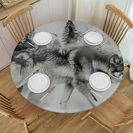 

Orinice Wolf Snow Trees Round Table Cover Stain Resistant Washable Indoor Outdoor Tablecloth Kitchen Dining Wedding Parties 100% Polyester Fiber 54-58