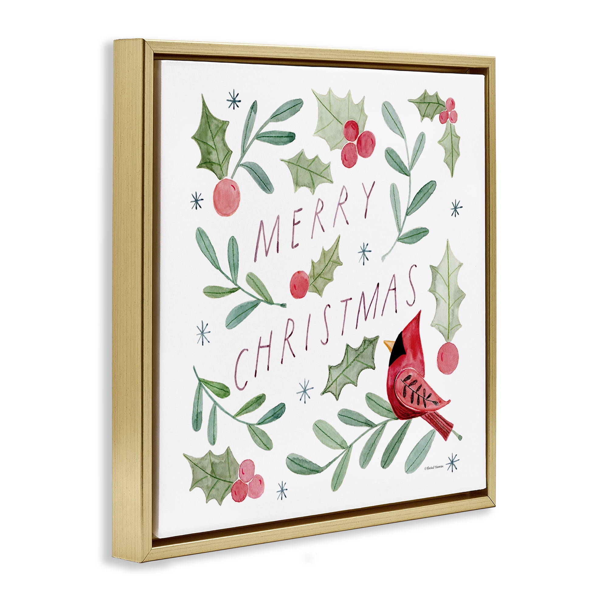 Stupell Industries Soft Whimsical Christmas Holiday Painting Gold Floater Framed Canvas Art Prints Wall Art, 25 x 25
