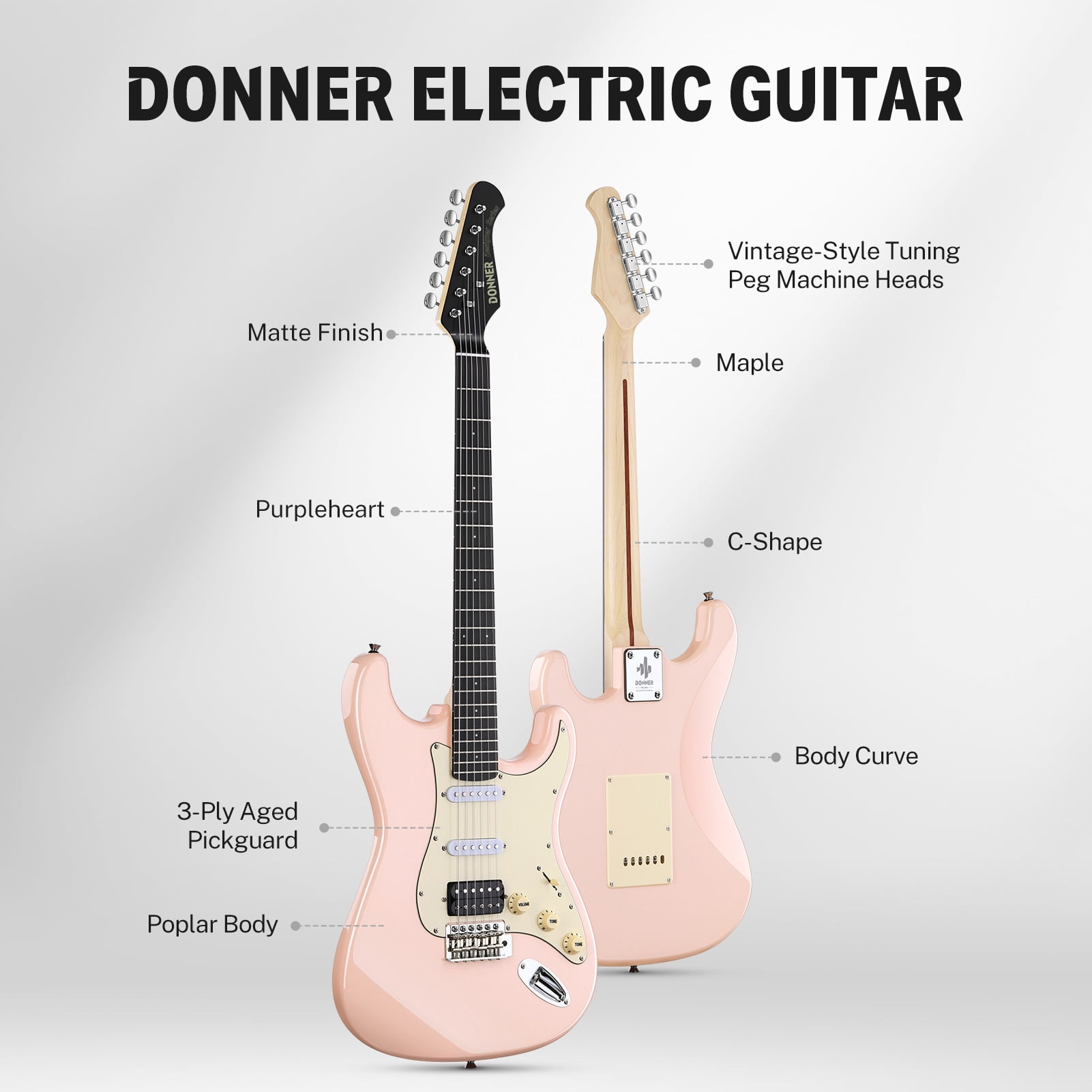 Donner 39" Electric Guitar, Solid Electronic Guitar for Beginner Intermediate, Pink