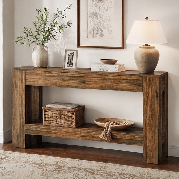 Tribesigns 63" Farmhouse Console Table with 2 Drawers and Open Shelf for Entryway, Hallway, Foyer, Living Room, Dark Brown