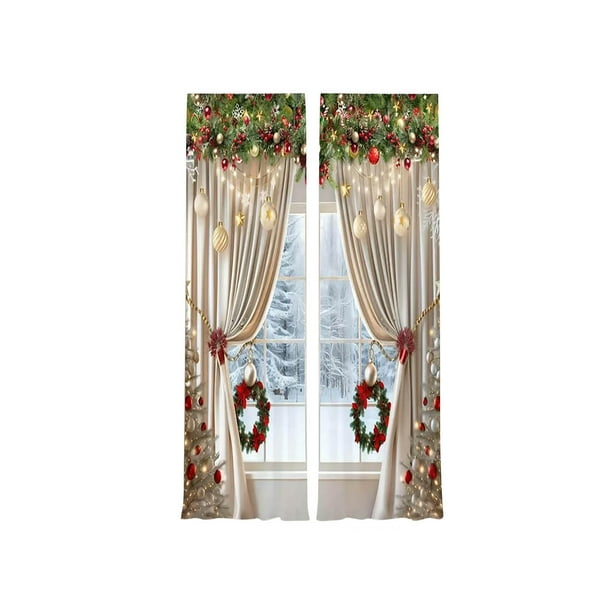 Cortinas decorativas con estampado navideño para exteriores, con forma de corona de bolas navideñas y lazos de champn.