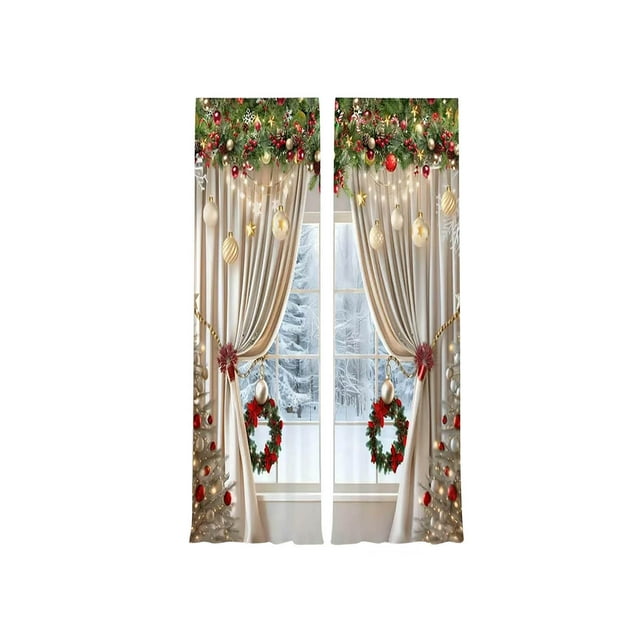 Uklsqma Christmas Ball Wreath Curtain | Outdoor Rod-Through Printed Polyester Drapes | Champagne Ribbon Tie | Weather-Resistant Holiday Window Decor | Festive Living Room Patio Decoration