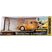 Volkswagen Beetle Weathered Yellow with Robot on Chassis and Charlie Diecast Figurine Bumblebee (2018) Movie (Transformers Series) Hollywood Rides Series 1 24 Diecast Model Car by
