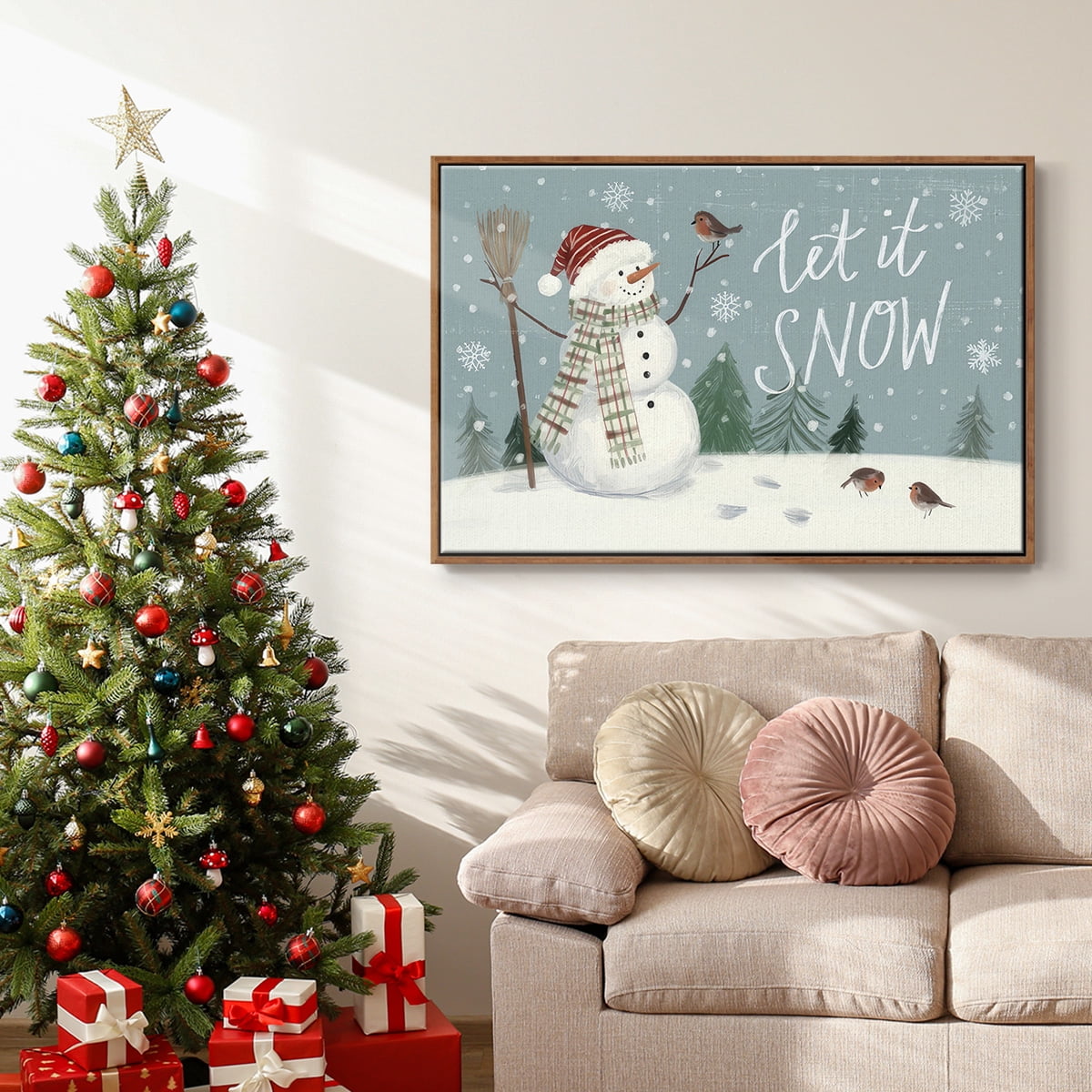 Jolly Snowman Collection A - Framed Gallery Wrapped Holiday Canvas - 25 x 37 - Rosewood Frame