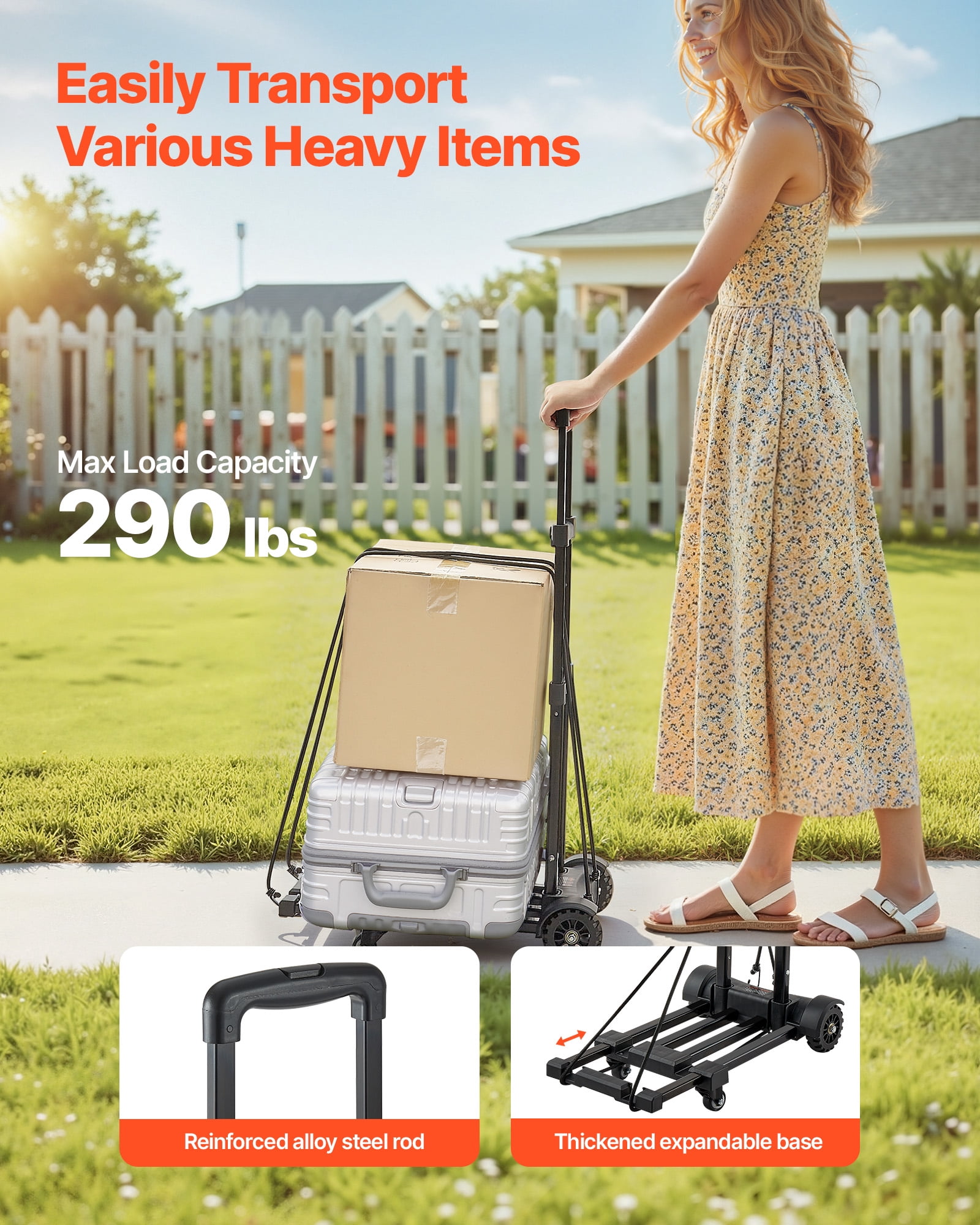 VEVOR Folding Hand Truck, 290 lbs Load Capacity, Collapsible Luggage Cart with 4 Wheels,2 Elastic Ropes & Expandable Base,Utility Dolly Platform Cart for Airport Travel Luggage Office Moving,Black