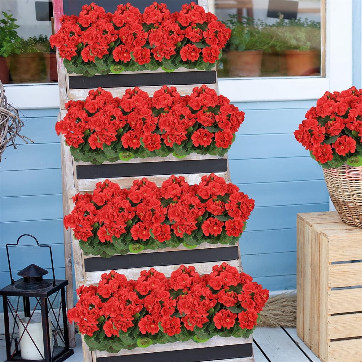 Tutuviw 12 Bunches Artificial Geranium Silk Flower Bush Red 14 in Faux Geranium Flowers Outdoor UV Resistant Garden Plants Faux Flower for Planters Front Porch Garden Fountain Window Box Decor