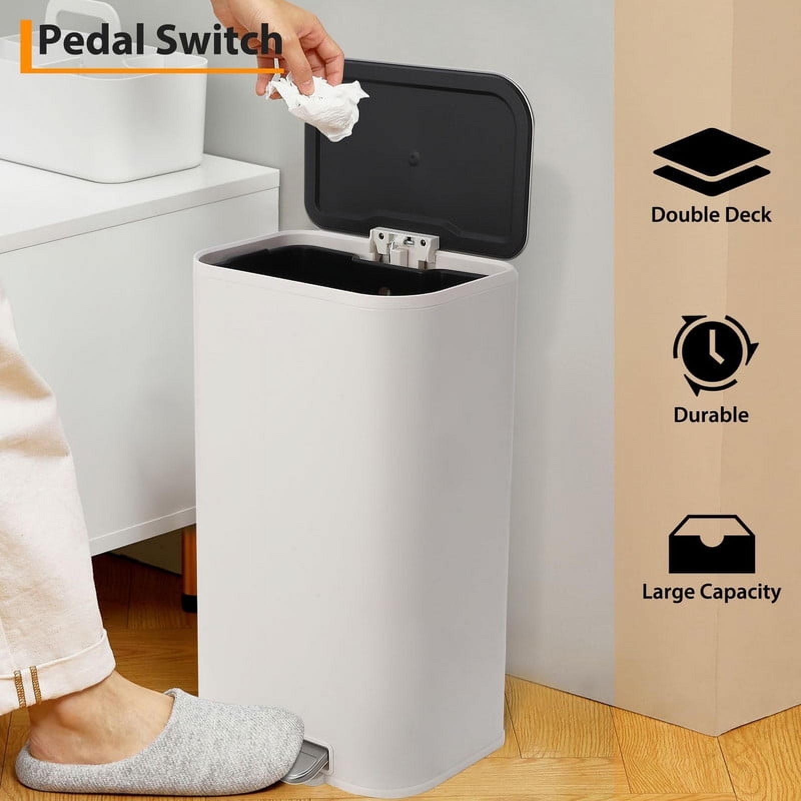 TROPOW Kitchen Trash Can,Stainless Steel Garbage Can with Lid, Step-On Pedal and Inner Bucket, Rectangular Trash Can for Home Kitchen Office Living Room
