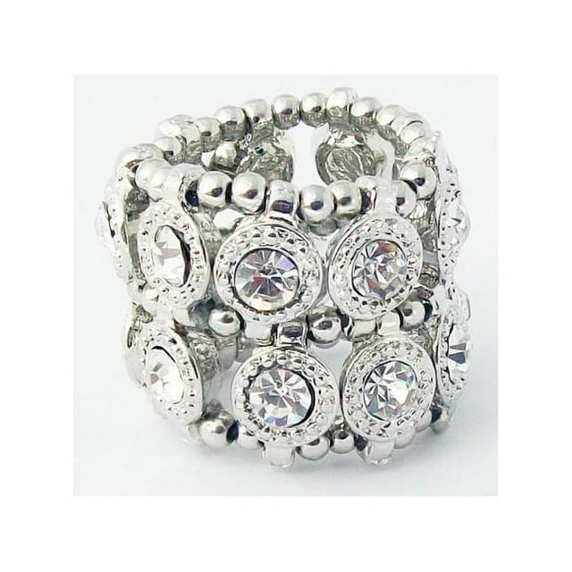 Zirconmania 610R-7624-R Silvertone Clear Crystal 2-row Disc Stretch Fashion Ring