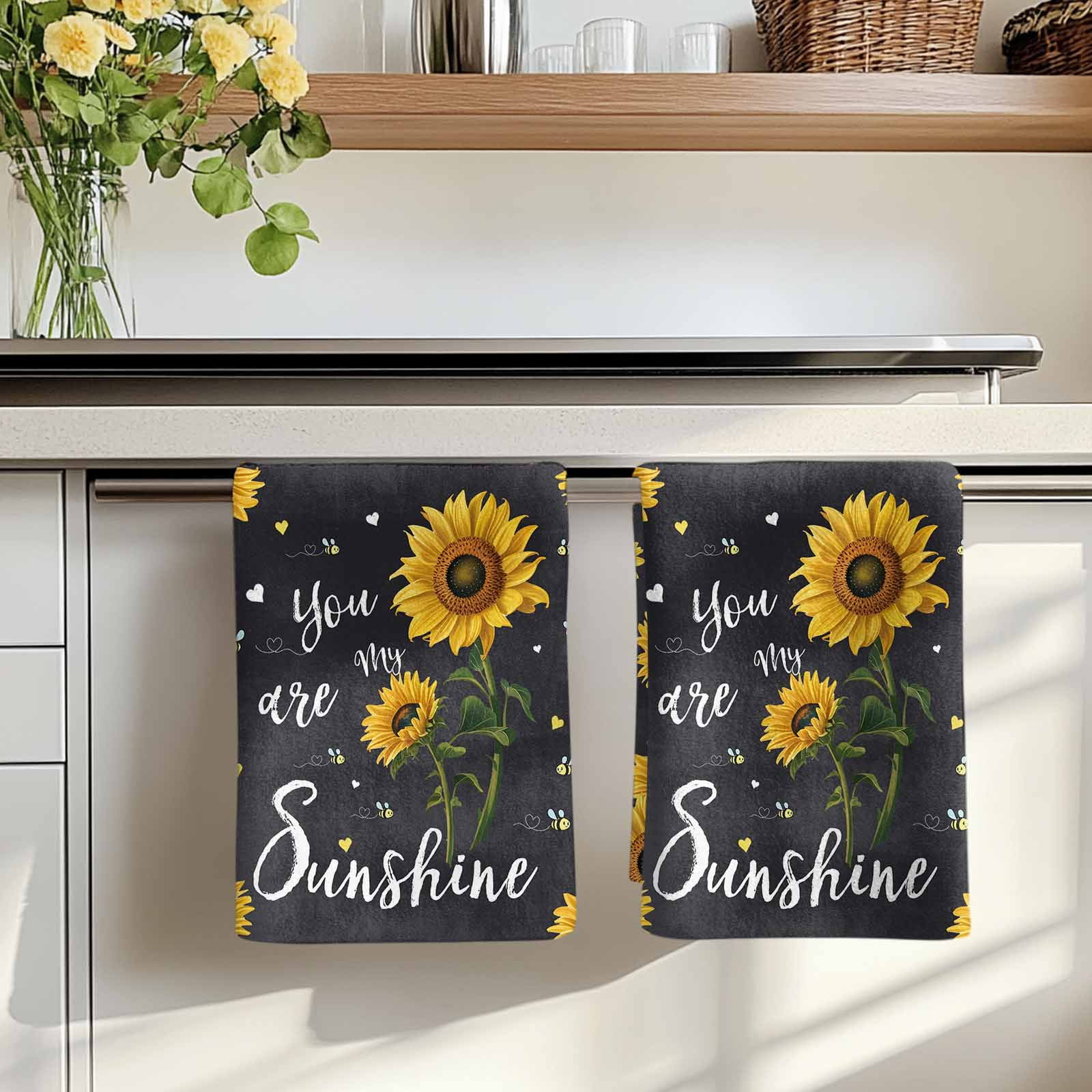 Black Sunflowers Kitchen Towels Set of 2, Vintage Garden Floral Bees Farmhouse Absorbent Dish Towels for Kitchen, Microfiber Hand Towel, Quick Drying Tea Towel for Cleaning Decorative Dishcloths