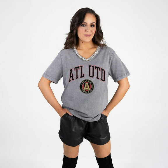 Women's Gameday Couture  Gray Atlanta United FC Relaxed Iconic Edge Rhinestone V-Neck T-Shirt