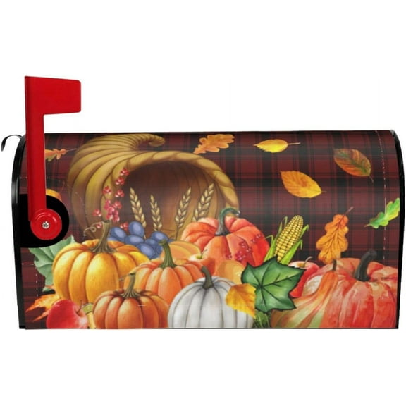 Fall Mailbox Covers Magnetic Autumn Harvest Pumpkin Leaves Decorative Thanksgiving Red Checked Plaid Mailboxes Wraps Post Letter Box Cover Standard Size 18x21 Inch for Garden Yard Home Outdoor