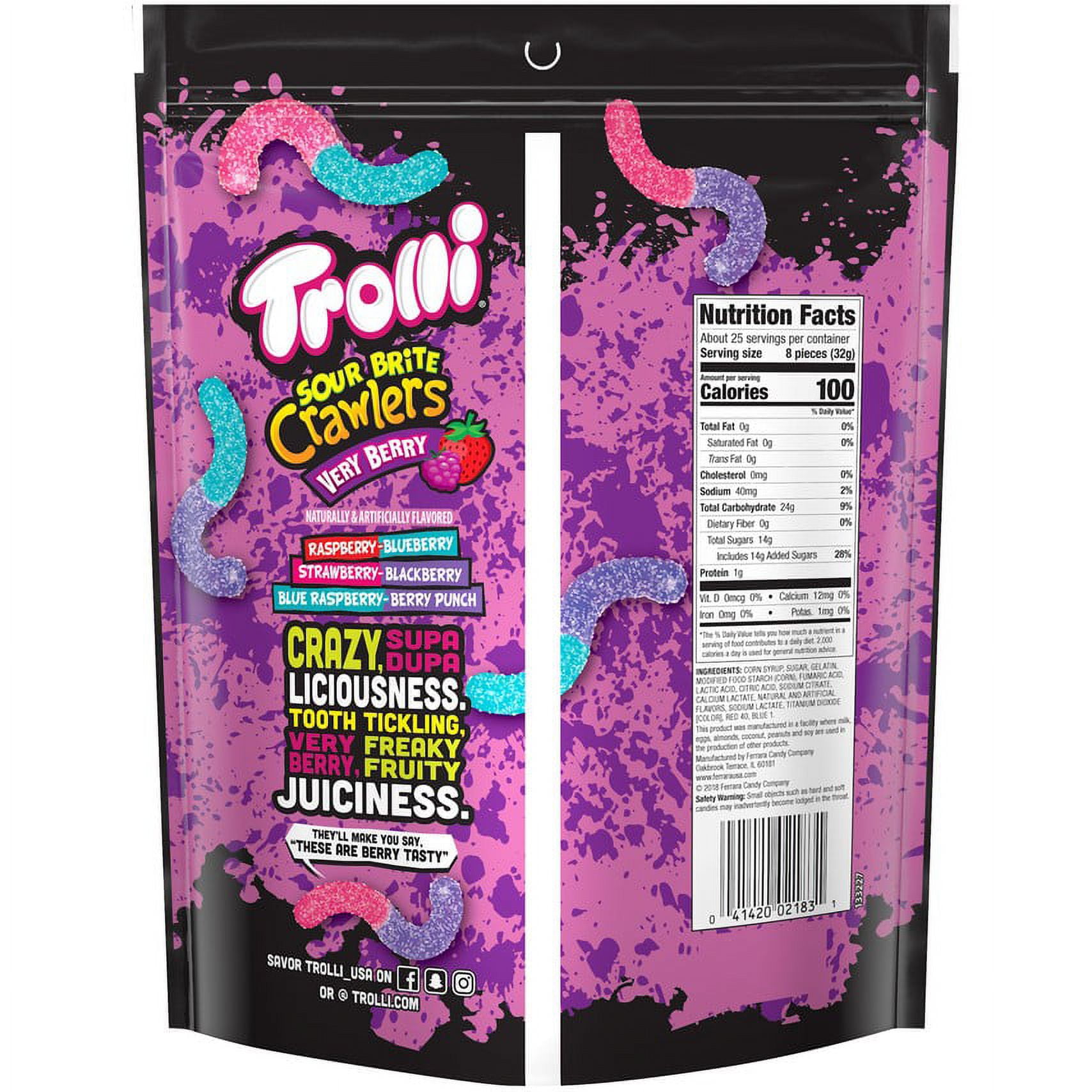 (3 pack) Trolli Sour Brite Crawlers, Candy, Very Berry, Sweet and Sour, Gummy Worms, 28.8 oz Bag