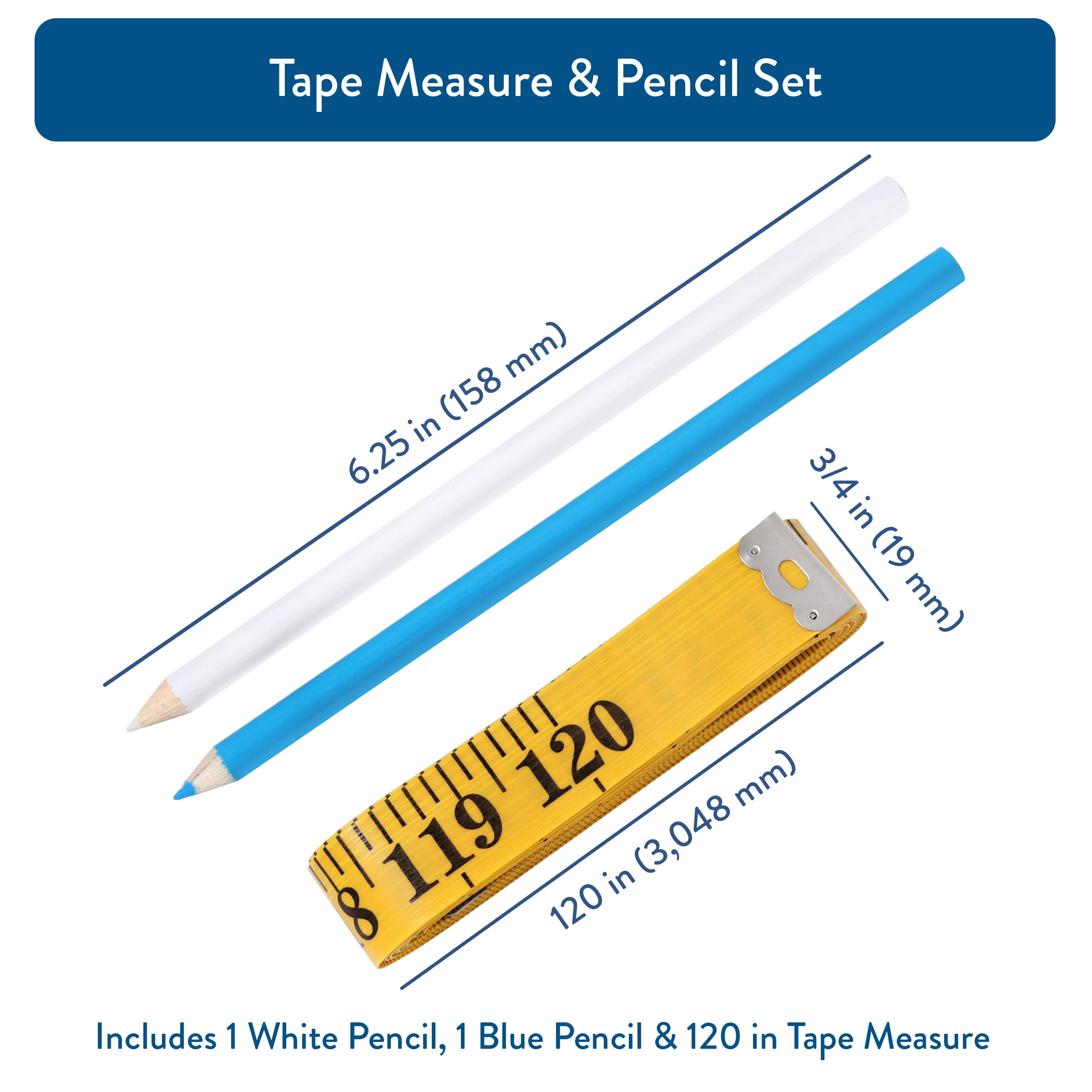 Hello Hobby 120 inch Tape Measure and Fabric Pencil Set, Blue and White Pencils